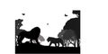 Silhouettes of a lion and a lioness on a background of trees of a shroud. Black and white vector silhouettes of predators Royalty Free Stock Photo