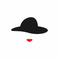 Silhouettes of lips and vintage women`s hat. Icon, symbol, logo lady.