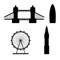 Silhouettes of London famous landmarks isolated on a white background. Flat style. Vector illustration