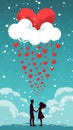 Silhouettes of lovers under a cloud with hearts on a blue background.