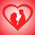 Silhouettes of loving couple in red heart. Card for engagement, wedding, marriage, Valentines Day. Design for romance Royalty Free Stock Photo