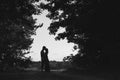 Silhouettes of a loving couple at sunset in nature Royalty Free Stock Photo