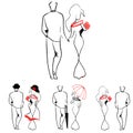 Silhouettes of loving couples walking