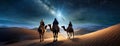 Silhouettes of the Magi riding their camels against the backdrop of a dazzling night sky, their path lit by a singular