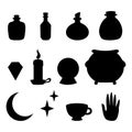 Silhouettes magic tools. Bottle, potion, magic crystal, cauldron black silhouette set. Vector illustration