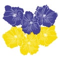 Silhouettes of mallows in blue and yellow, lush flowers with broad leaves