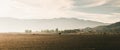 Silhouettes of a man with his horse on the desert in beams of sunlight