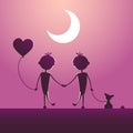 Silhouettes of LGBT couple walking in the moonlight. Royalty Free Stock Photo