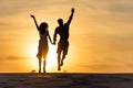 Silhouettes of man and woman jumping on beach against sun Royalty Free Stock Photo