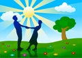 Silhouettes of man and woman standing on meadow