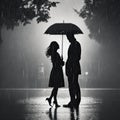 Silhouettes of a man and a woman standing in the rain, under an umbrella against a background of distant light Royalty Free Stock Photo