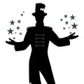 Silhouettes of master of ceremonies with mustache, wearing top hat adorned with playing cards, showing stars in his hands, Royalty Free Stock Photo