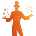 Silhouettes of master of ceremonies with mustache, wearing top hat adorned with playing cards, showing stars in his hands,