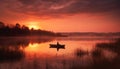 Silhouettes of men rowing a canoe at dusk on tranquil pond generated by AI Royalty Free Stock Photo