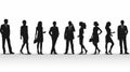 Silhouettes of men and women, a group of standing and walking business people, black color isolated on white background Royalty Free Stock Photo