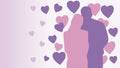 silhouettes of men and women showing love,decorated with hearts on a purple pink gradient background,wedding and valentines