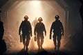 Silhouettes of miners walking in the mine from work. Generative AI