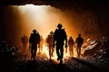 Silhouettes of miners walking in the mine from work. Generative AI