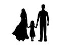 Silhouettes mother father and little daughter holding hands from back