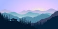 Silhouettes of mountains, chalet and forest at sunrise. Vector illustration.