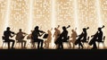 Silhouettes of musicians playing string instruments on a lit stage with dotted background violins Royalty Free Stock Photo