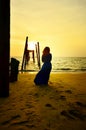 Silhouettes of Muslim woman at Khao Pilai bridge in sunset time in Phang Nga province, Thailand Royalty Free Stock Photo