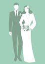 Silhouettes of newlyweds couple wearing wedding clothes. Classic Style. Elegant groom and beautiful bride holding bridal bouquet