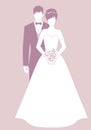 Silhouettes of newlyweds couple wearing wedding clothes. Classic Style. Elegant groom and beautiful bride holding bridal bouquet