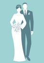 Silhouettes of newlyweds couple wearing wedding clothes. Classic Style. Elegant groom and beautiful bride holding bridal bouquet