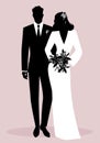 Silhouettes of newlyweds couple wearing wedding clothes. Classic Style. Elegant groom and beautiful bride holding bridal bouquet