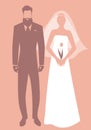 Silhouettes of newlyweds couple wearing wedding clothes. Stylish bearded groom and beautiful bride with veil holding a tulip