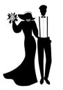 Silhouettes of newlyweds couple wearing wedding clothes. Wide-brimmed hat for her and beret, suspenders and bow tie for him