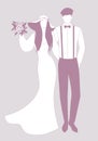 Silhouettes of newlyweds couple wearing wedding clothes. Wide-brimmed hat for her and beret, suspenders and bow tie for him