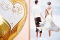 Silhouettes of newlyweds on honeymoon and gold festive balloon Royalty Free Stock Photo