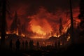 Silhouettes observe forest fire scene at night Royalty Free Stock Photo