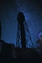 Silhouettes of the Old Lighthouse sandy beach and ocean against the background of the starry sky Royalty Free Stock Photo