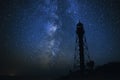 Silhouettes of the Old Lighthouse sandy beach and ocean against the background of the starry sky Royalty Free Stock Photo