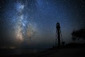 Silhouettes of the Old Lighthouse sandy beach and ocean against the background of the starry sky