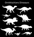 Silhouettes of ornithischian dinosaurs. Set. Side view. Monochrome vector illustration of white stencils of dinosaurs