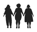 Silhouettes of overweight women. Plump women are holding hands. Plus size girls
