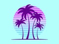 Silhouettes of palm trees against a retro futuristic sun background. Palm trees against a background of gradient sun in synthetic Royalty Free Stock Photo
