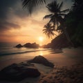 silhouettes of palm trees in a beautiful beach at sunset, sunrise in a caribbean island vacation concept, generative AI