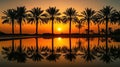 Silhouettes of palm trees reflected in a pond during a sunset Royalty Free Stock Photo