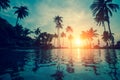 Silhouettes of palm trees reflected in the water on a tropical beach at dusk. Travel. Royalty Free Stock Photo