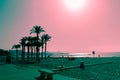 Silhouettes of palms on the beach at sunset. Tropical evening landscape. Fantastic pink turquoise color. Royalty Free Stock Photo