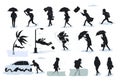Silhouettes of people during bad weather conditions, walking running during strong rain wind, hail, tsunami, storm, blizzard, floo