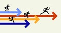 Silhouettes of people, businessmen and a robot run along the arrows towards the goal.