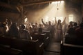 Silhouettes of people in a church during a religious celebration, A congregation sharing the peace of Christ during a church