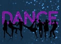Silhouettes of people dancing on blue background, bokeh effect. Illustration Royalty Free Stock Photo