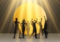 Silhouettes of people dancing under spotlights